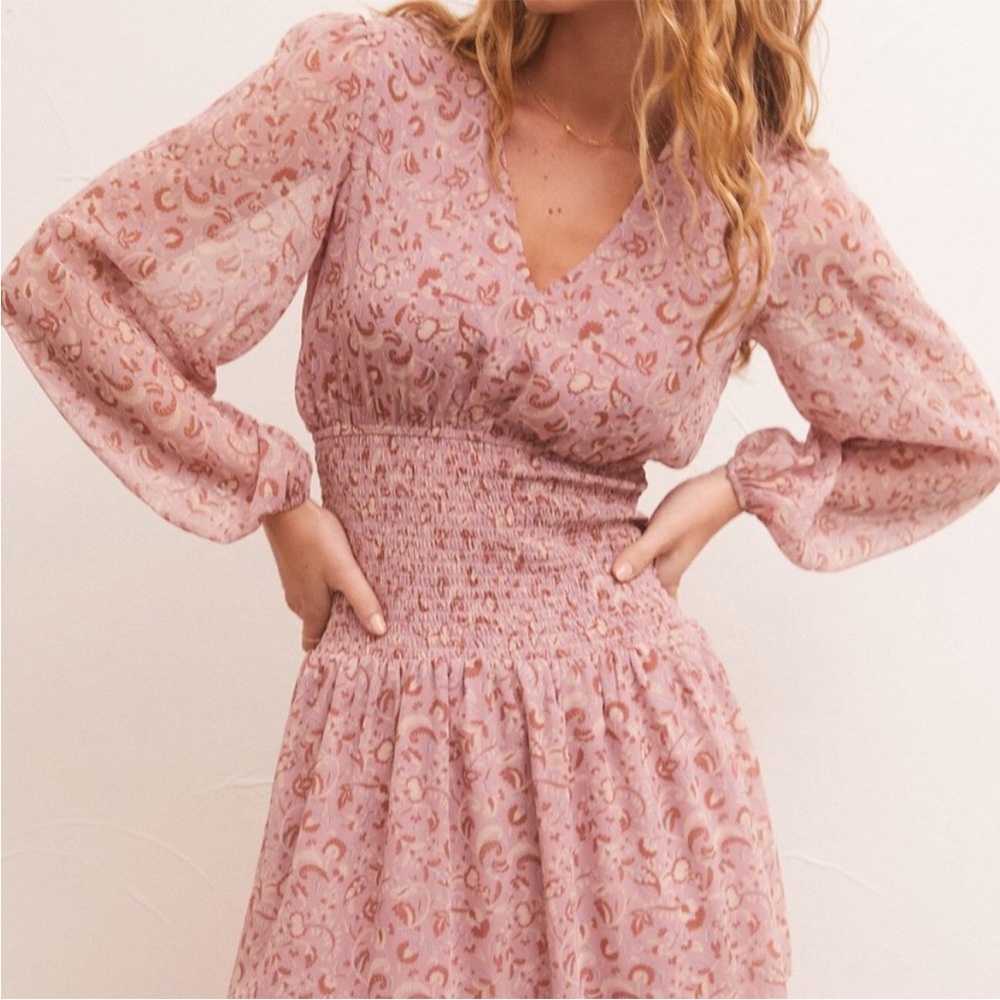 Z Supply Adelaide Pink Printed Smocked Long Sleeve Sheer Dress Small